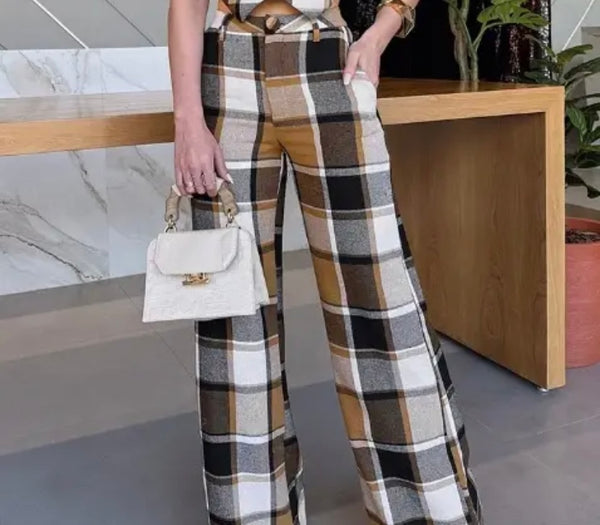 Women Fashion Plaid Sleeveless Vest Two Piece Pant Set