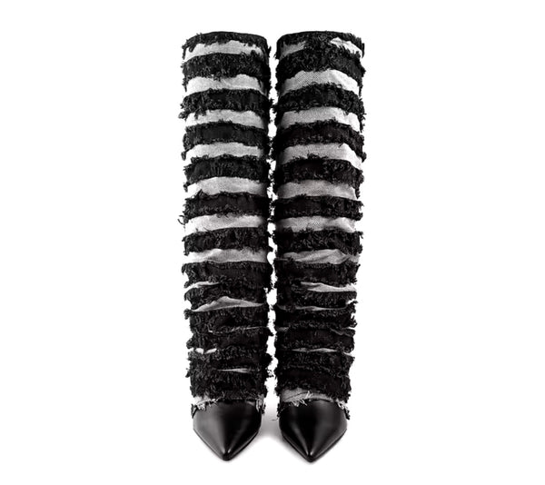Women Pointed Toe Color Patchwork Fringe Platform Boots