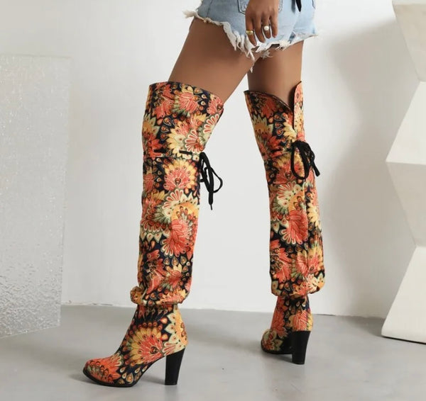 Women Fashion Printed Faux Leather Over The Knee Boots