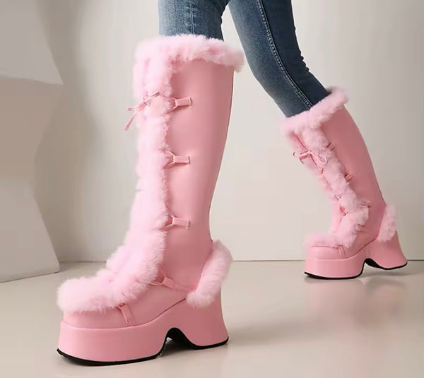 Women Fashion Faux Leather Fur Patchwork Platform Knee High Boots