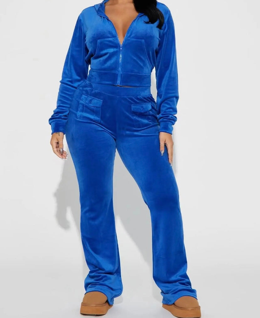 Women Solid Color Hooded Velour Two Piece Tracksuit Pant Set