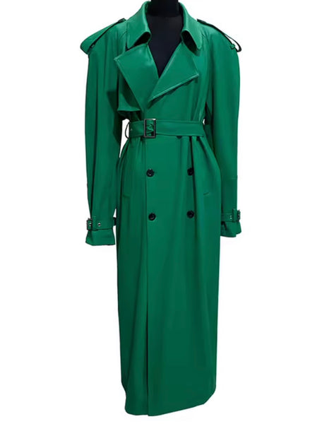 Women Green Faux Leather Fashion Trench Jacket