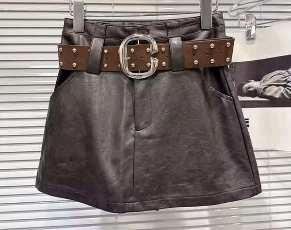 Women Rivet Belted Faux Leather Fashion Skirt