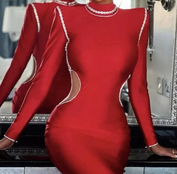 Women Sexy Red Full Sleeve Cut Out Color Stitching Dress