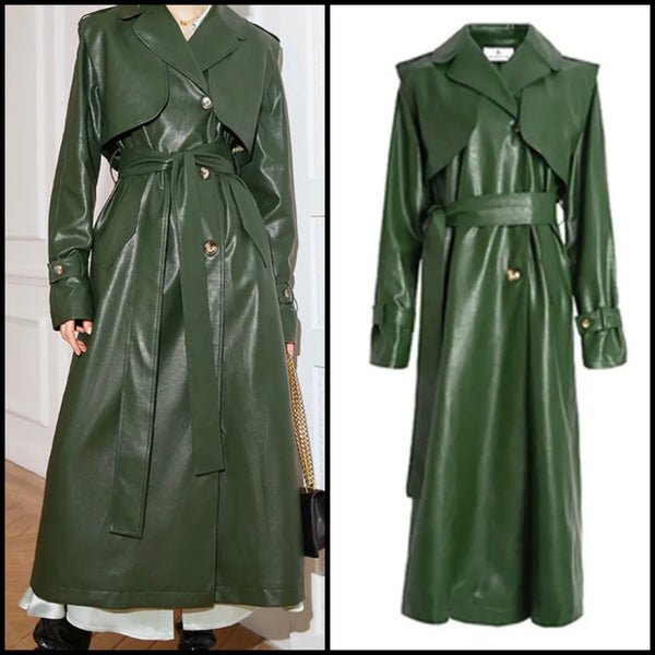 Women Green Fashion Faux Leather Trench Jacket