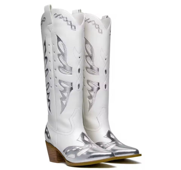 Women Color Patchwork Fashion Faux Leather Knee High Western Boots
