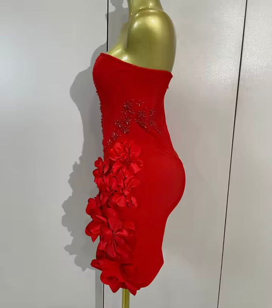 Women Sexy Strapless Floral Beaded Bandage Dress