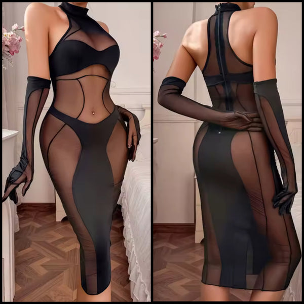 Women Sexy Sleeveless Black Mesh Glove Lingerie Set