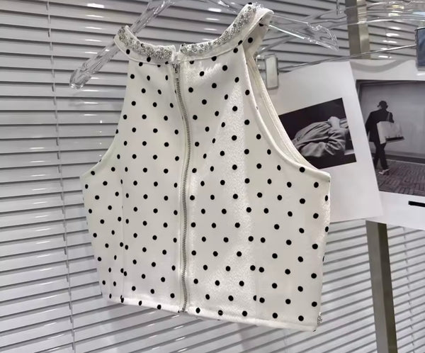 Women Sexy Rhinestone Halter Sleeveless Polka Dot Two Piece Skirt Set