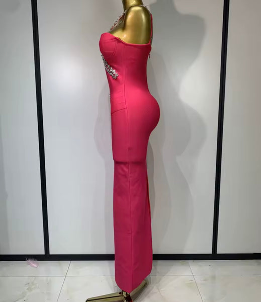 Women Pink Rhinestone Sexy Sleeveless Maxi Dress