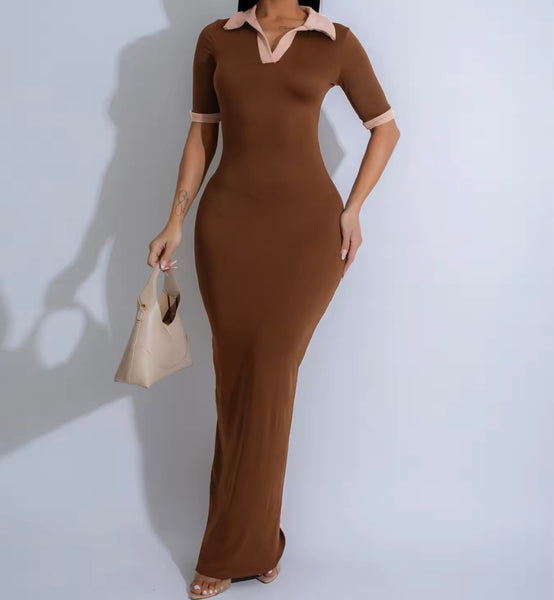 Women Color Patchwork Collar Short Sleeve Sexy Maxi Dress