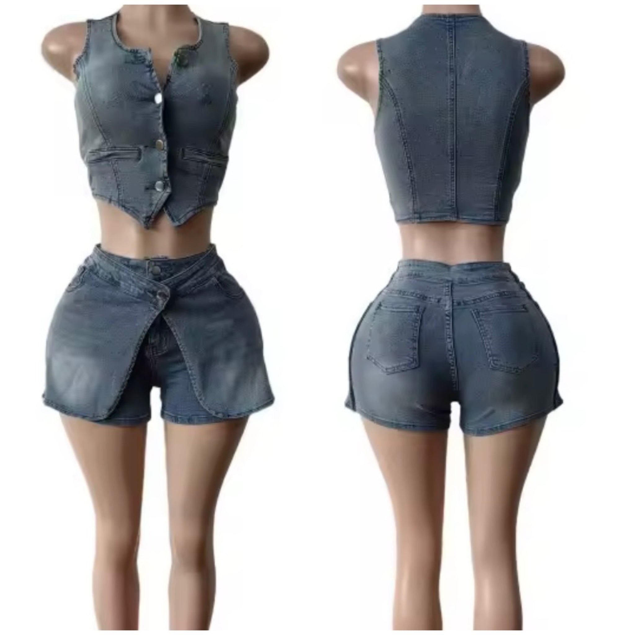 Women Fashion Denim Button Up Sleeveless Two Piece Wrap Short Set