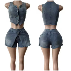 Women Fashion Denim Button Up Sleeveless Two Piece Wrap Short Set