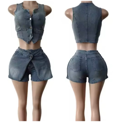 Women Fashion Denim Button Up Sleeveless Two Piece Wrap Short Set