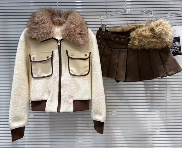 Women Fashion Fur Patchwork Jacket Two Piece Pleated Skirt Set