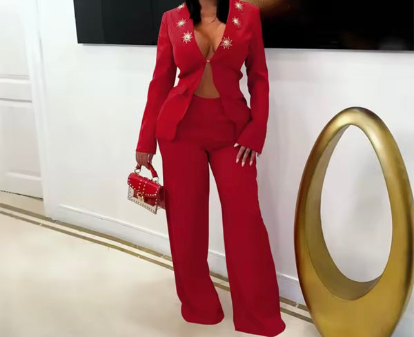 Women Sexy Color Full Sleeve Blazer Two Piece Pant Set