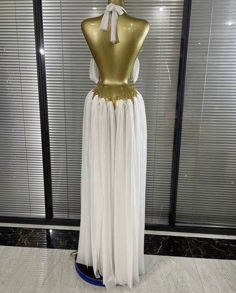 Women Sexy Halter Sleeveless Metal Ring Chiffon Maxi Dress
