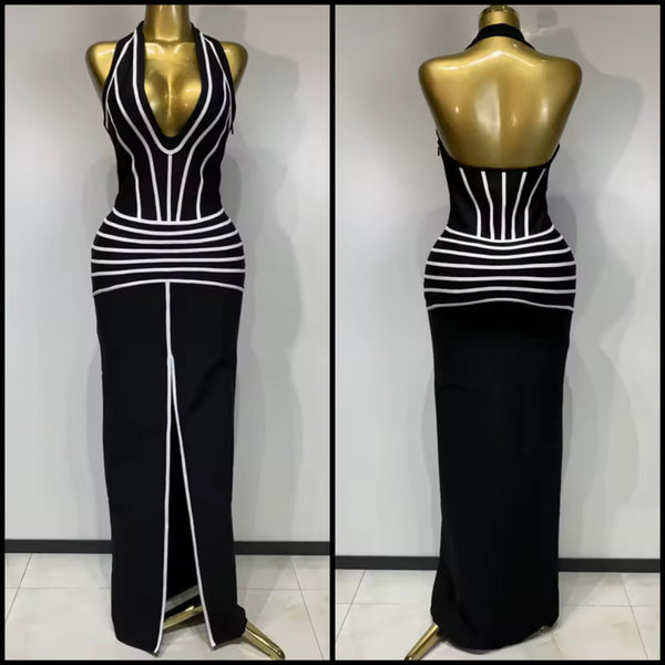 Women Sexy B&W Striped Halter Sleeveless Front Split Maxi Dress