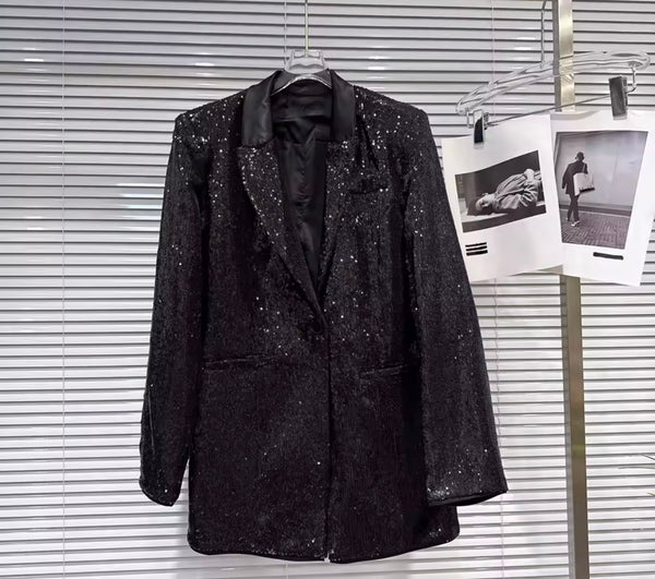 Women Black Sequins Blazer Two Piece Pant Set