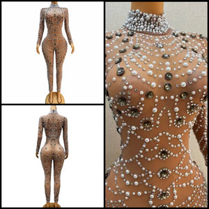 Women Sexy Full Sleeve Nude Pearl Beaded Rhinestone Jumpsuit