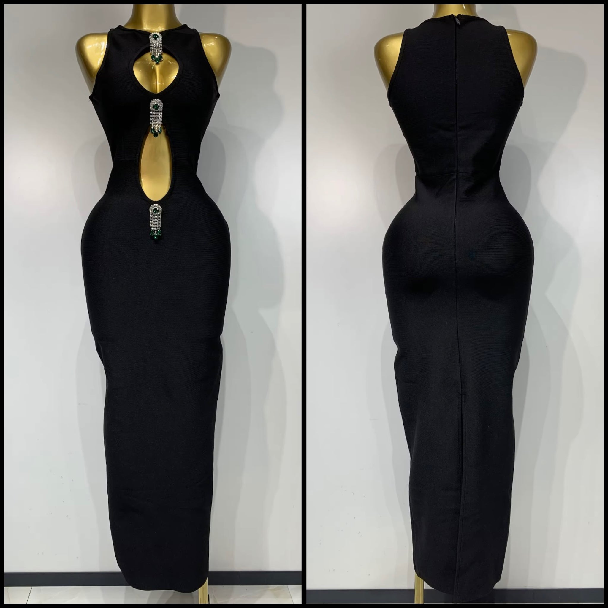 Women Sexy Sleeveless Crystal Rhinestone Cut Out Black Maxi Dress