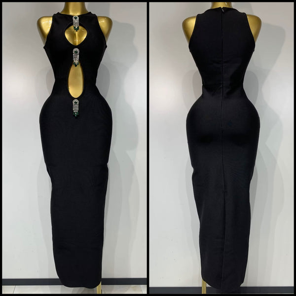 Women Sexy Sleeveless Crystal Rhinestone Cut Out Black Maxi Dress
