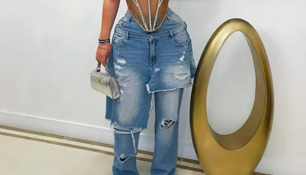Women Fashion Asymmetrical Ripped Wrap Denim Pants