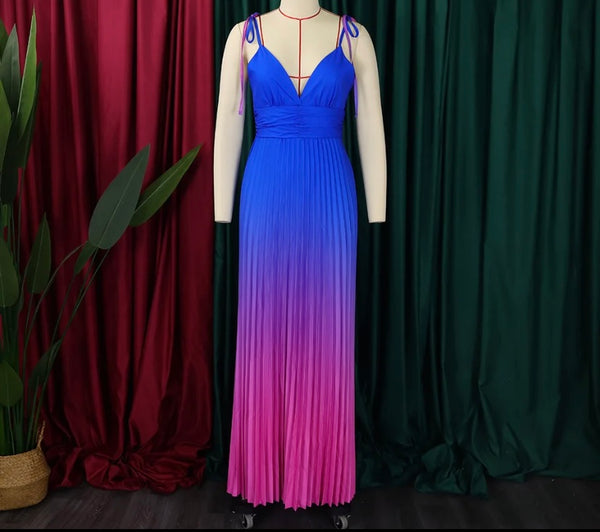 Women Sexy Sleeveless Gradient Pleated Maxi Dress