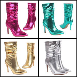 Women Metallic Pointed Toe Ruched Fashion Ankle Boots