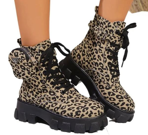 Women Fashion Leopard Print Lace Up Pocket Ankle Boots