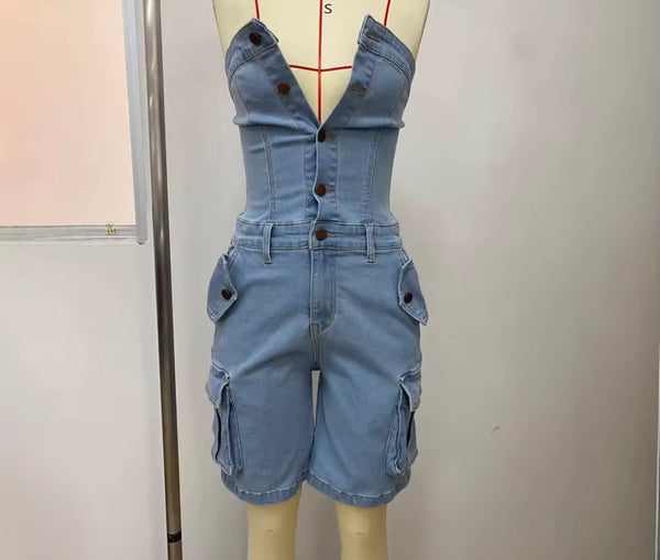 Women Strapless Button Up Fashion Cargo Romper