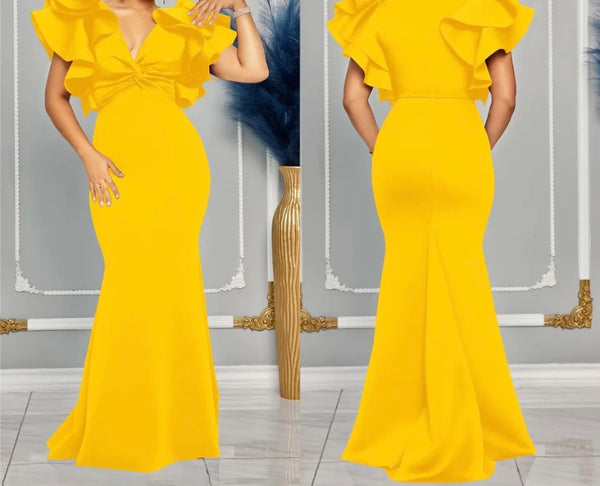 Women Sexy Color Ruffled Short Sleeve Maxi Dress