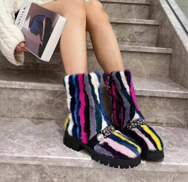 Women Fashion Multicolored Bling Faux Fur Boots