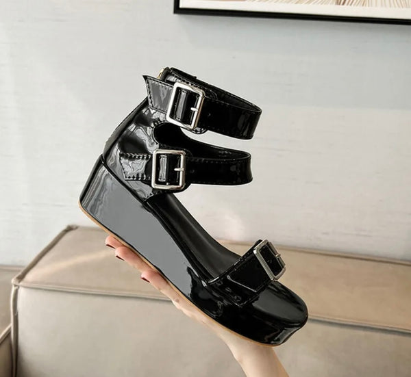 Women Patent Leather Platform Ankle Strap Sandals