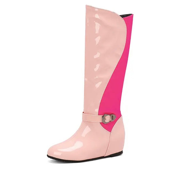 Women Fashion Buckle Platform Patent Leather Knee High Boots
