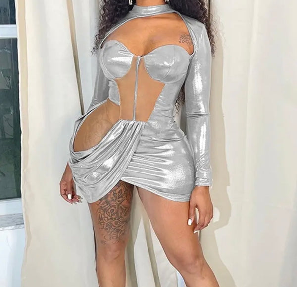 Women Sexy Silver Mesh Patchwork Full Sleeve Dress