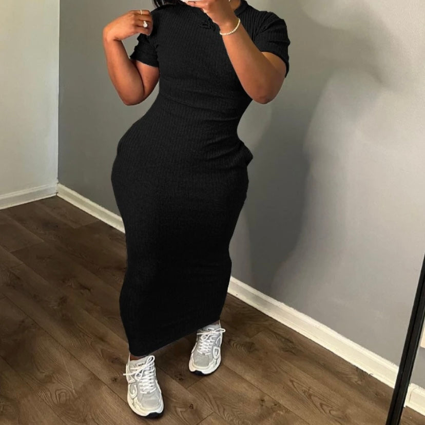 Women Solid Color Short Sleeve Ribbed Sexy Maxi Dress