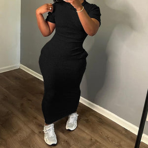Women Solid Color Short Sleeve Ribbed Sexy Maxi Dress