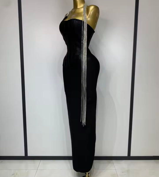 Women Sexy Black Rhinestone Chain Sleeveless Maxi Dress