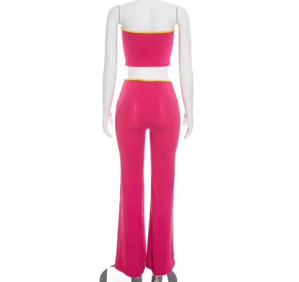 Women Sexy Tie Up Strapless Crop Two Piece Pant Set