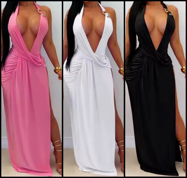 Women Sexy Metal V-Neck Halter Maxi Dress