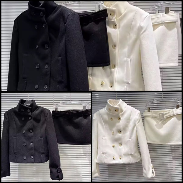 Women Button Up Fashion Jacket Two Piece Skirt Set