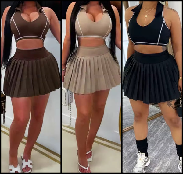 Women Striped Collar Sleeveless Crop Two Piece Pleated Skirt Set