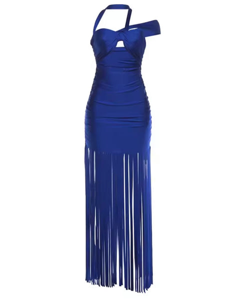Women Sexy Halter Sleeveless Cut Out Fringe Tassel Maxi Dress