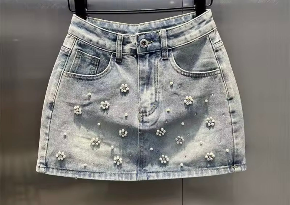 Women Fashion Rhinestone Pearl Floral Denim Skirt