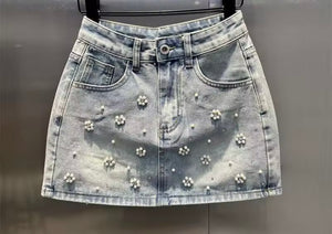 Women Fashion Rhinestone Pearl Floral Denim Skirt