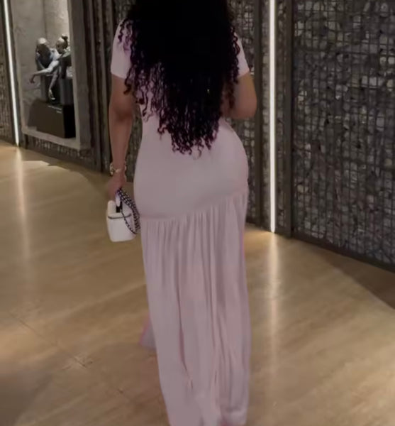 Women Sexy Pink Short Sleeve Pleated Maxi Dress