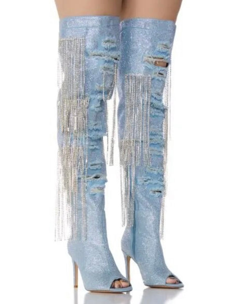 Women Fashion Open Toe Bling Tassel Denim Over The Knee Boots