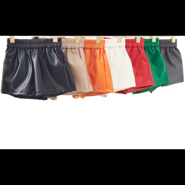 Women Fashion Color Elastic Waist Faux Leather Shorts