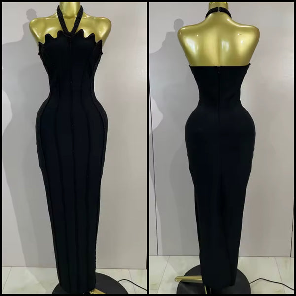 Women Black Sexy Beaded Halter Sleeveless Maxi Dress